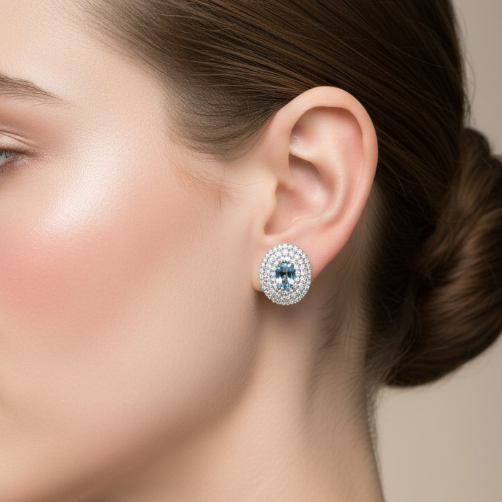 Orecchini a lobo con pietra azzurra e zirconi in oro bianco 18KT (750) – Made in Italy