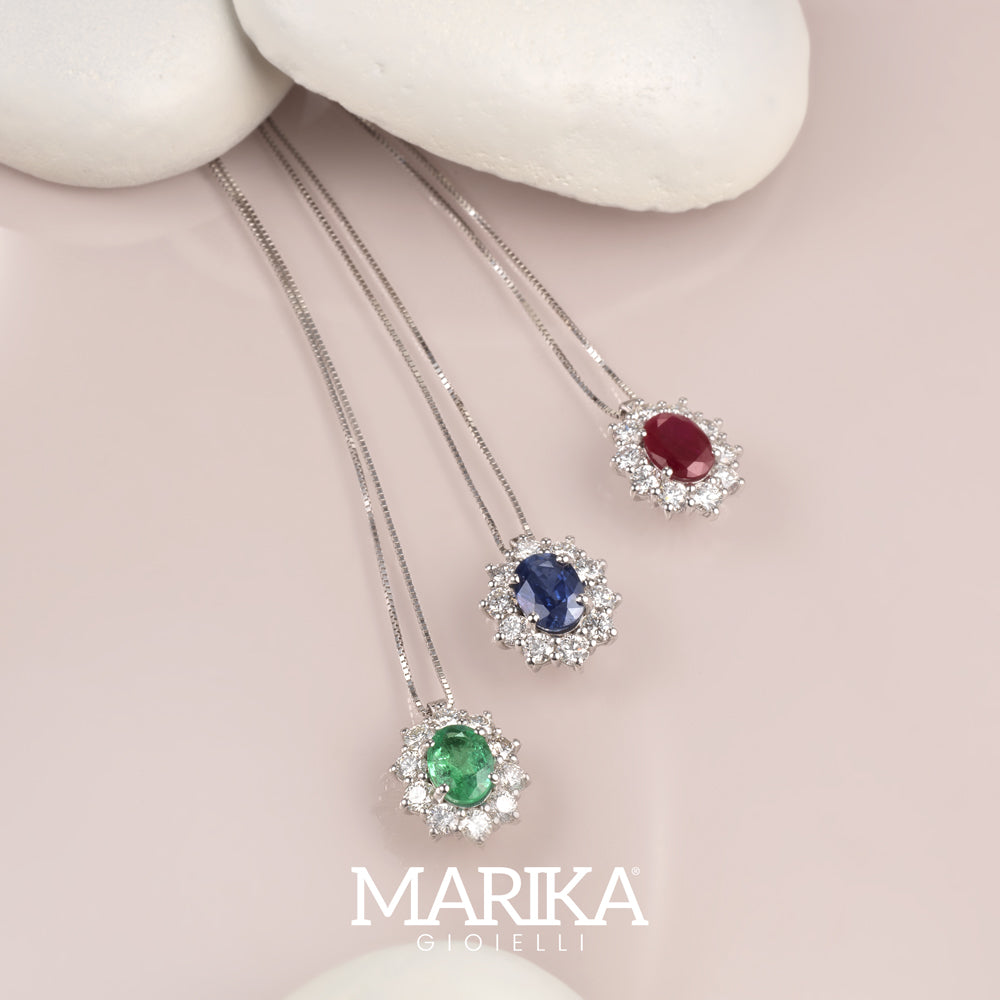 COLLANA IN ORO BIANCO 18KT CON DIAMANTI E SMERALDO