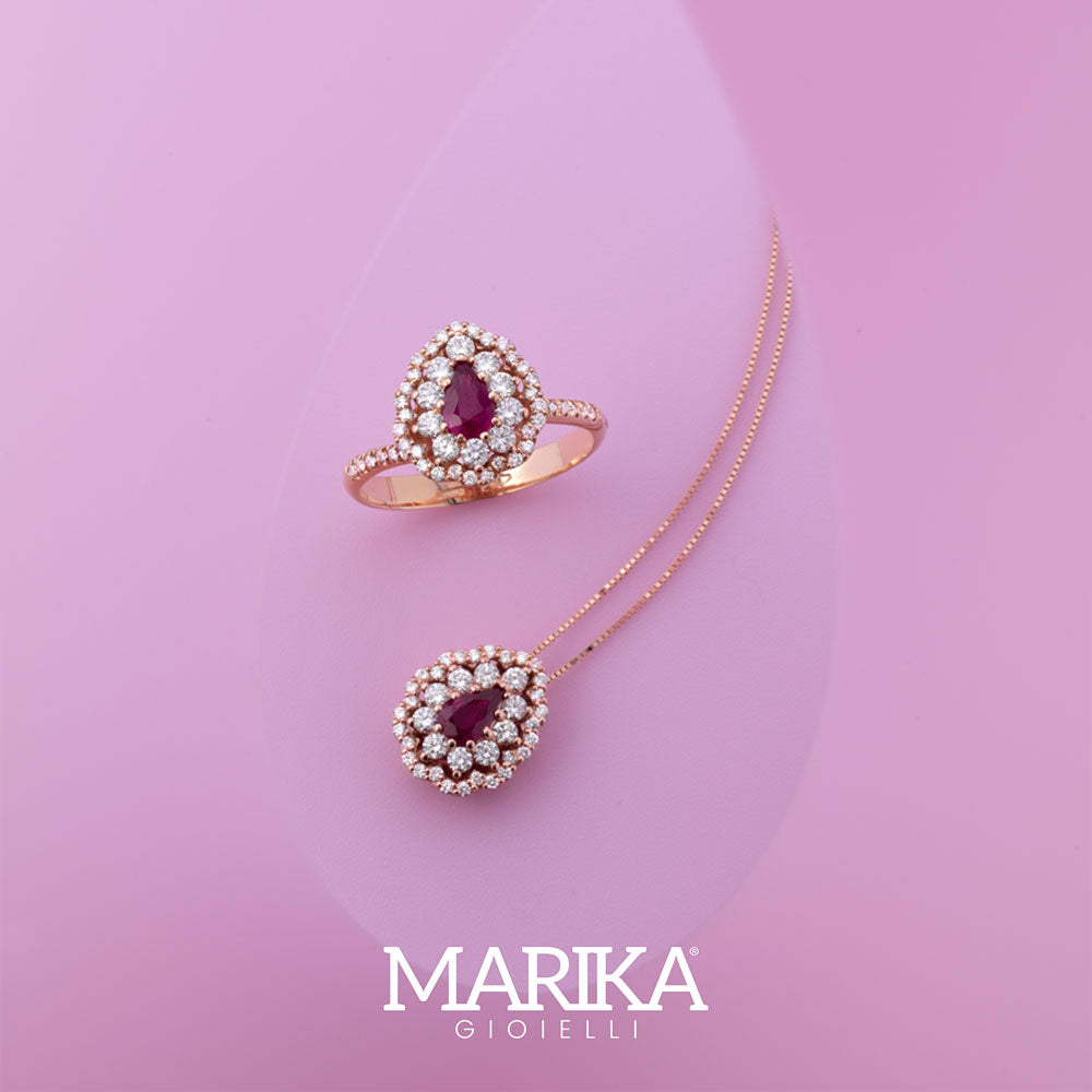 ANELLO GOCCIA IN ORO ROSA 18 CARATI CON DIAMANTI E RUBINO