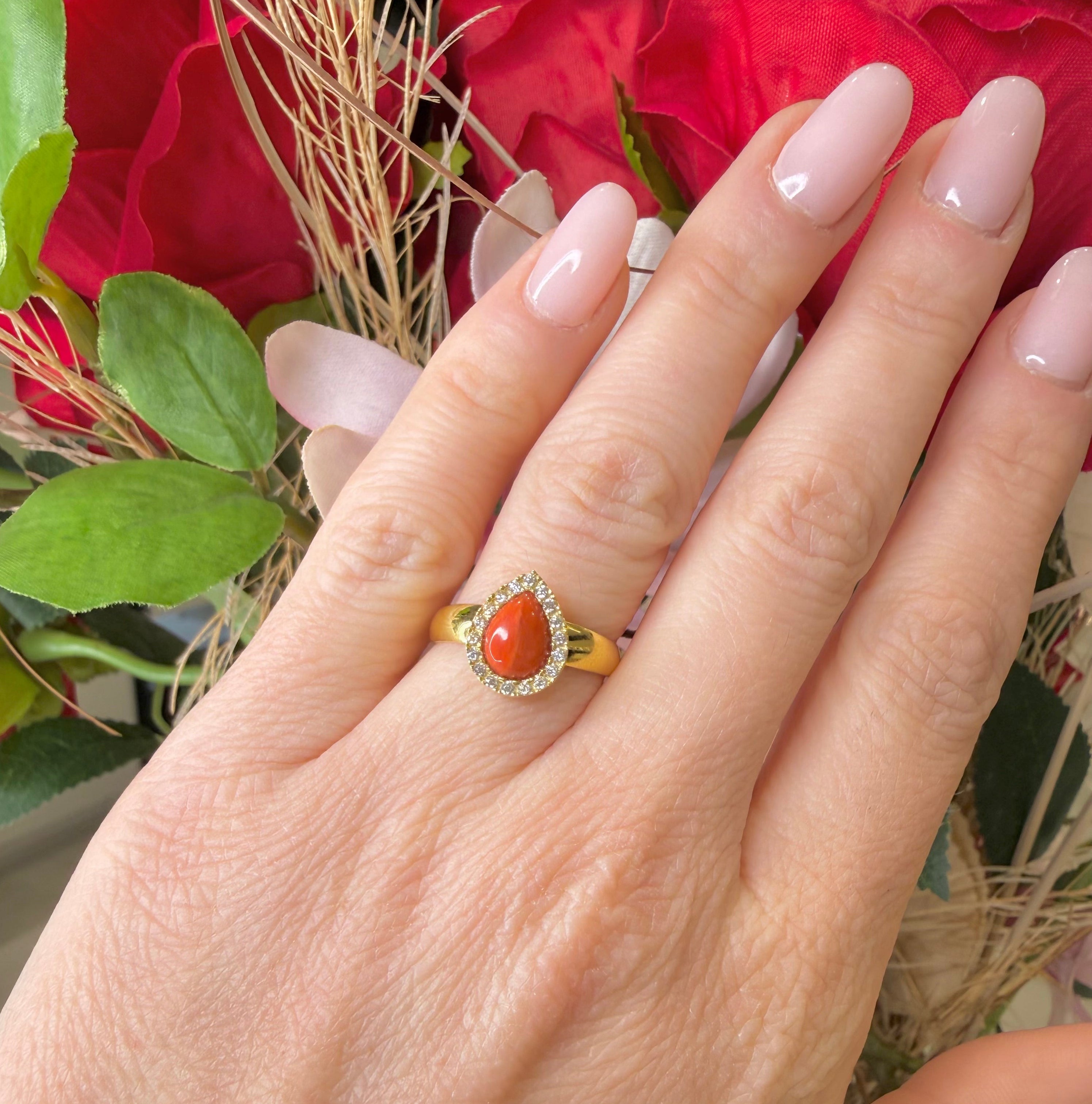 ANELLO GOCCIA IN ARGENTO GOLD CORALLO E ZIRCONI