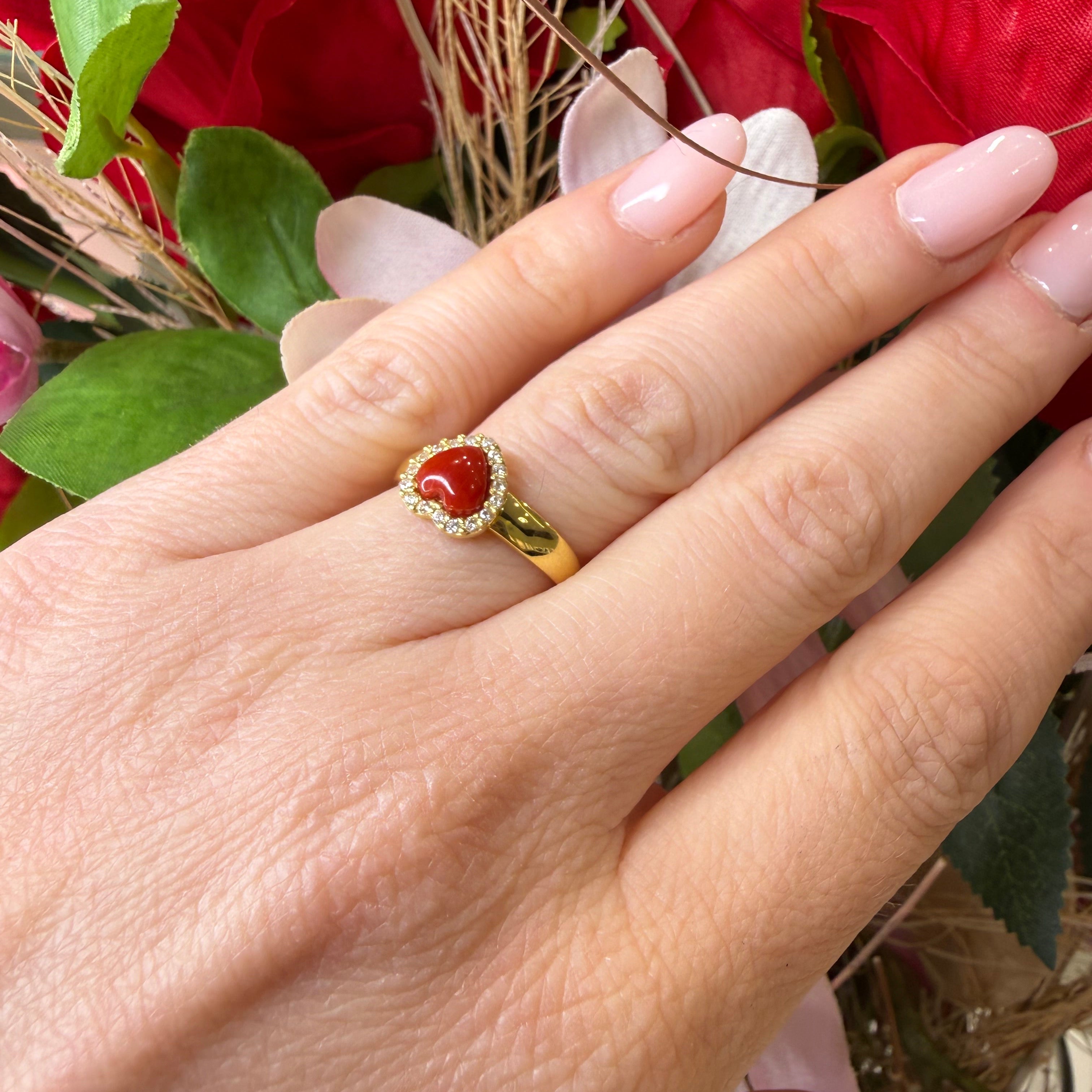ANELLO CUORE IN ARGENTO 925 GOLD CORALLO E ZIRCONI