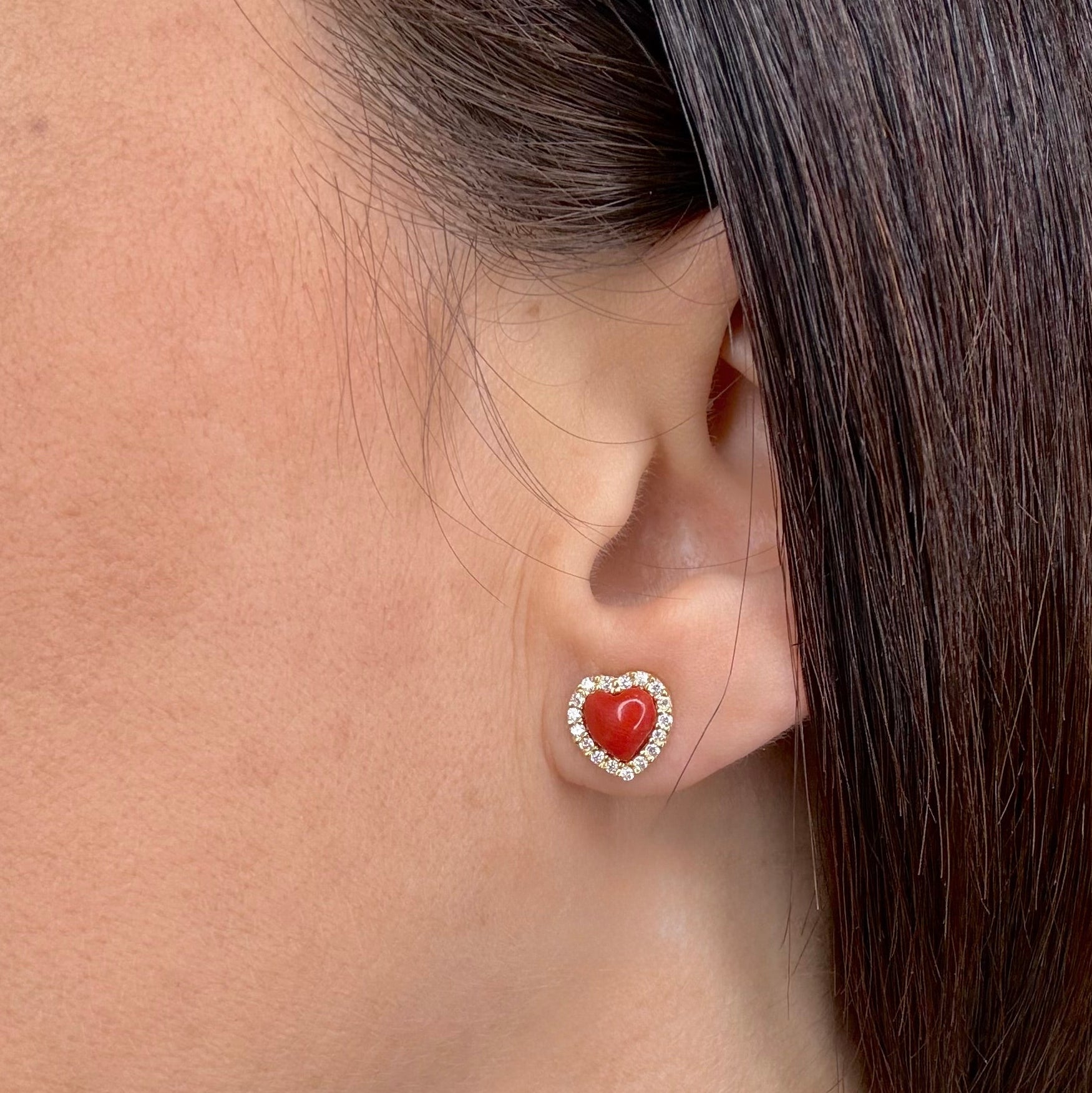ORECCHINI CUORE IN ARGENTO GOLD ZIRCONI E CORALLO NATURALE