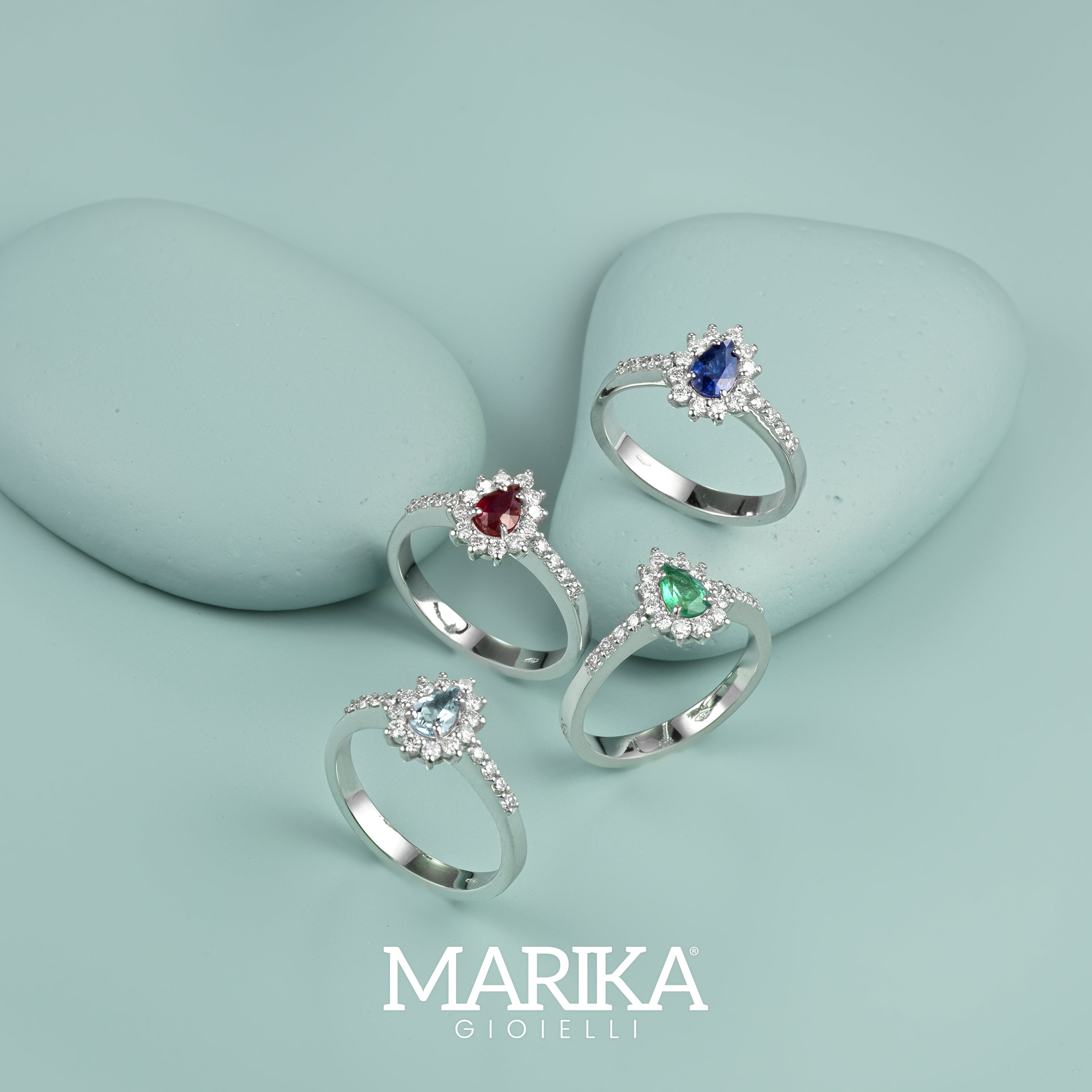 18KT WHITE GOLD DROP RING WITH DIAMONDS AND AQUAMARINE