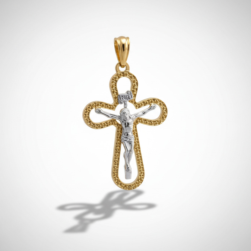 Ciondolo crocifisso bicolore in oro giallo e bianco 18KT (750) – Made in Italy