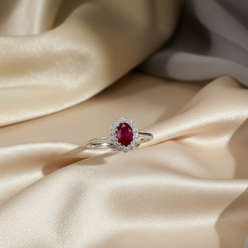 Anello con pietra rossa ovale e zirconi in oro bianco 18KT (750) – Made in Italy