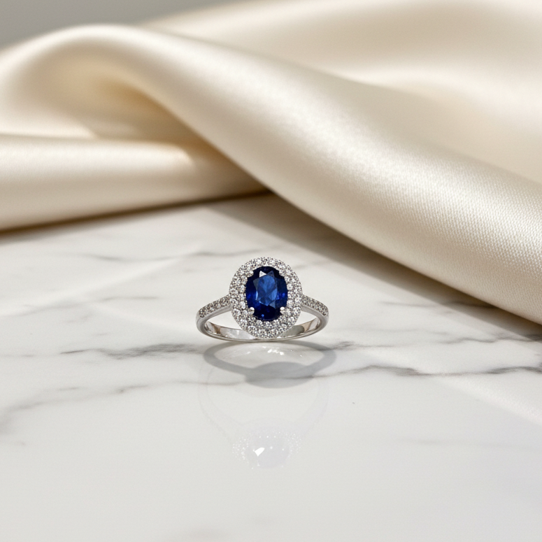 Anello con pietra blu ovale e zirconi in oro bianco 18KT (750) – Made in Italy