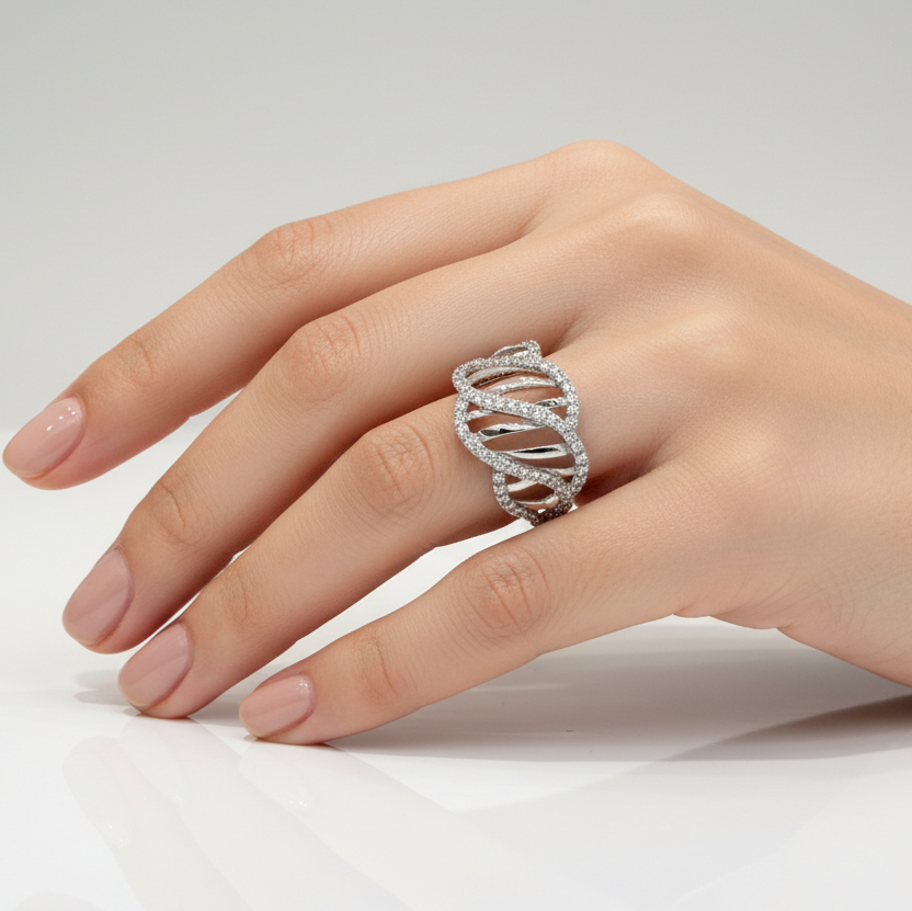 Anello fascia intrecciata con zirconi in oro bianco 18KT (750) – Made in Italy