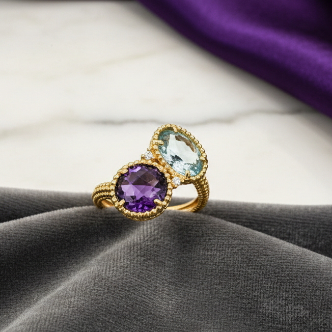 Anello contrarié con pietre colorate in oro giallo 18KT (750) – Design elegante e raffinato