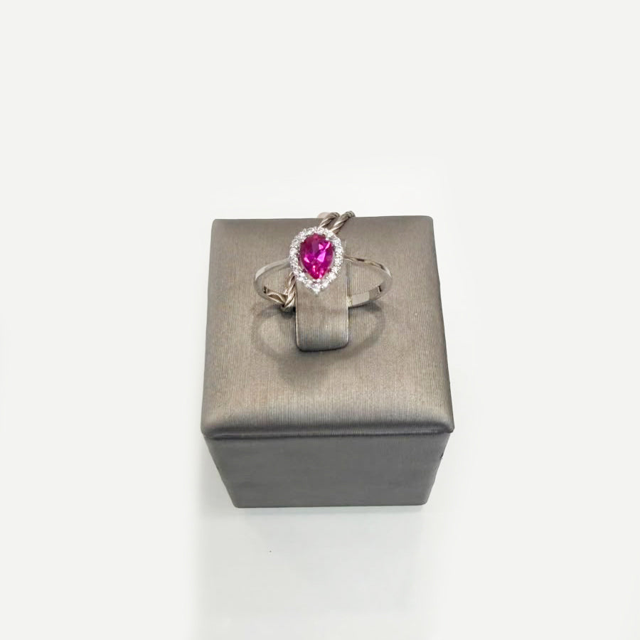 Anello Goccia in Oro Bianco 18 KT con Zircone Rosa e Zirconi