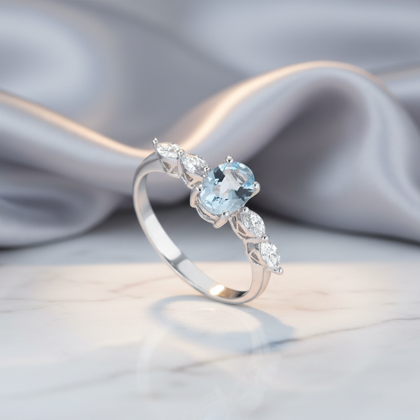 18K WHITE GOLD RING WITH DIAMONDS AND AQUAMARINE