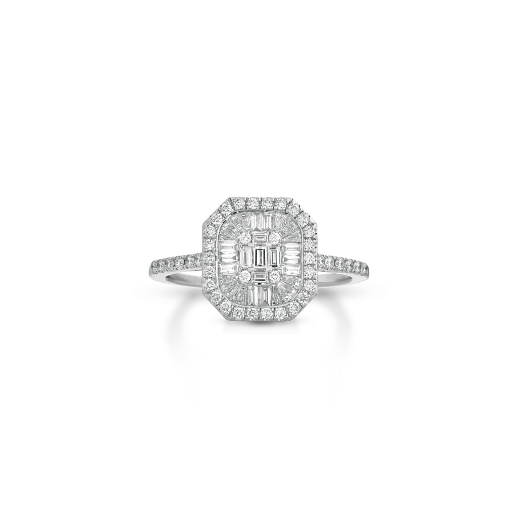 18KT WHITE GOLD OCTAGONAL RING WITH DIAMONDS AND BAGUETTES