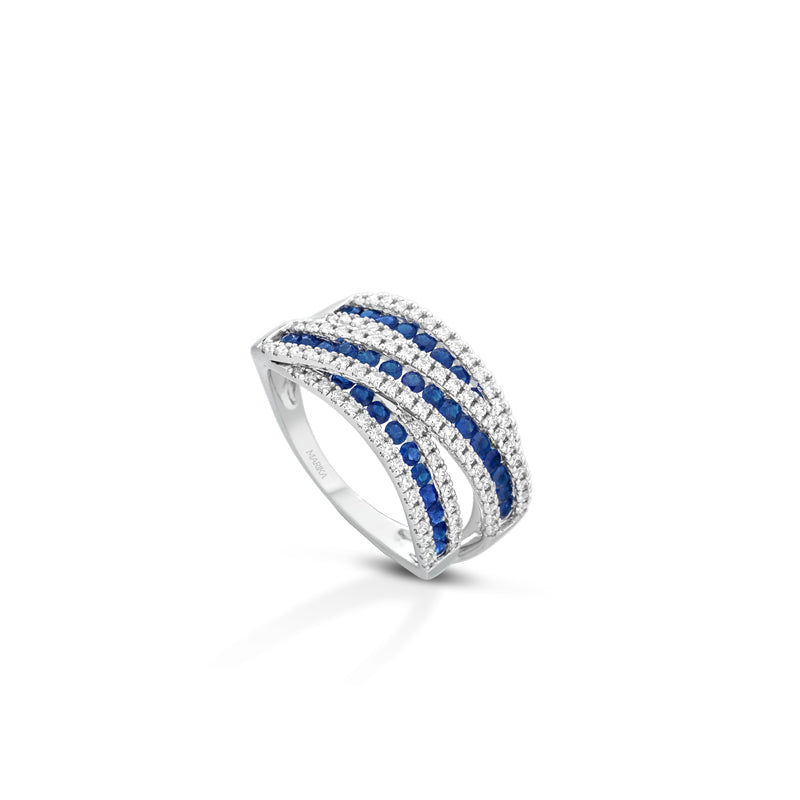 ANELLO FASCIA IN ORO BIANCO 18 KT DIAMANTI E ZAFFIRI