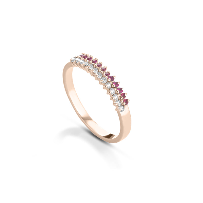 ANELLO VERETTA IN ORO ROSA 18 CARATI CON DIAMANTI E RUBINI