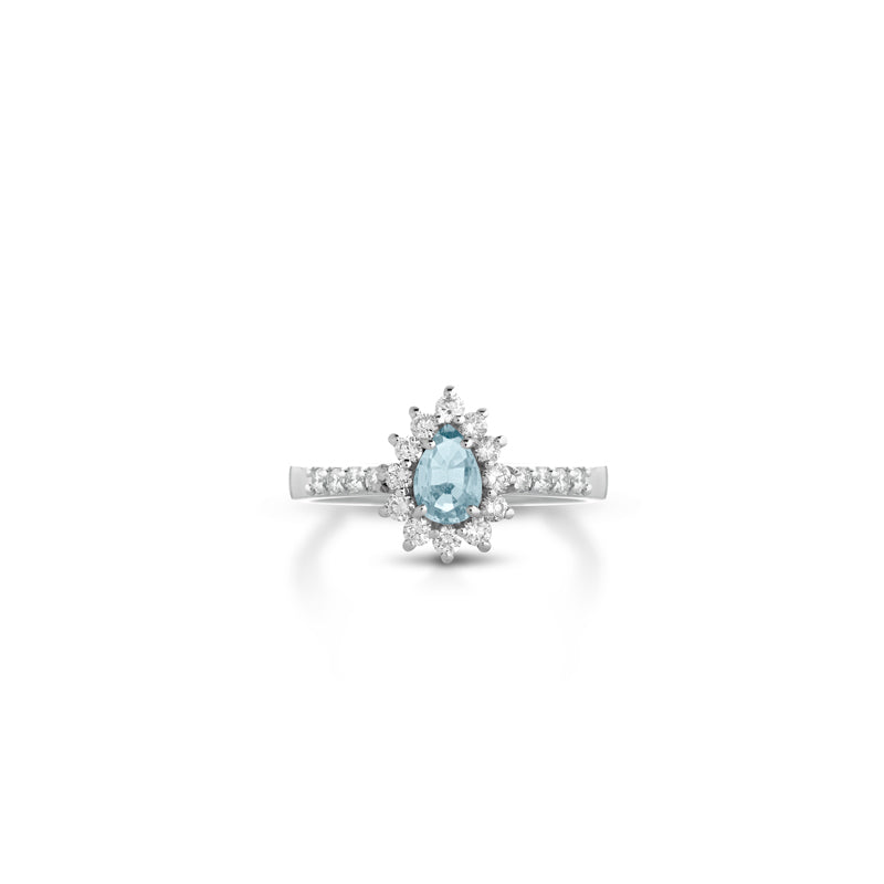 18KT WHITE GOLD DROP RING WITH DIAMONDS AND AQUAMARINE