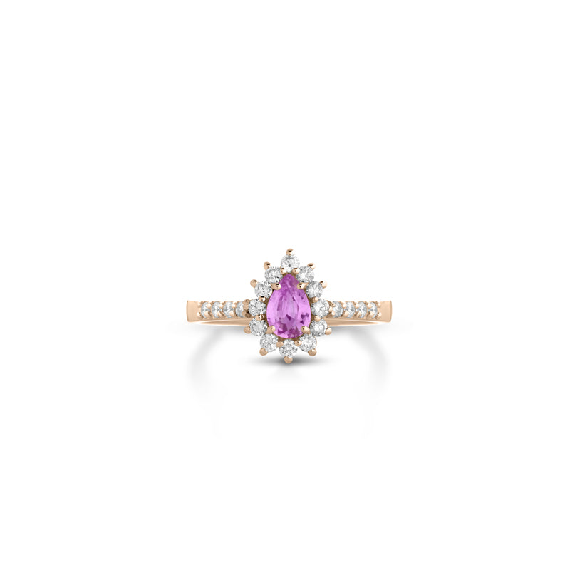 18KT ROSE GOLD DROP RING WITH DIAMONDS AND PINK SAPPHIRE