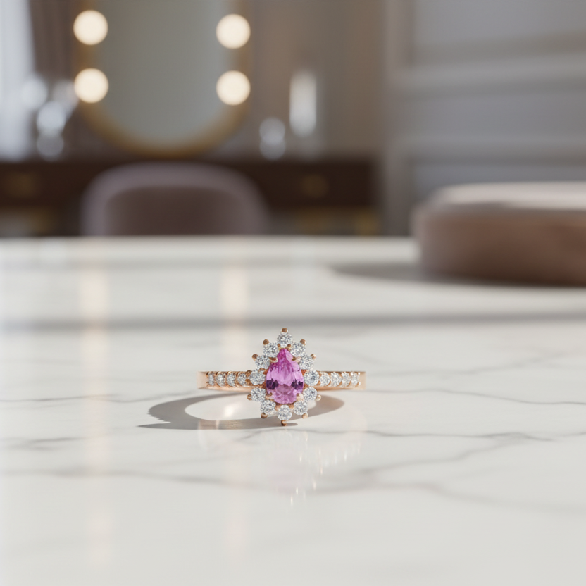 ANELLO GOCCIA IN ORO ROSA 18KT CON DIAMANTI E ZAFFIRO ROSA