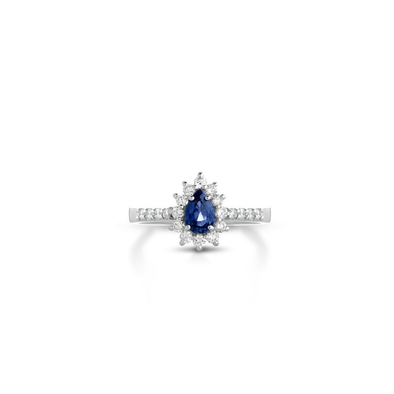 18KT WHITE GOLD DROP RING WITH DIAMONDS AND SAPPHIRE