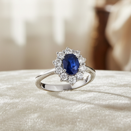 18K WHITE GOLD RING WITH DIAMONDS AND SAPPHIRE