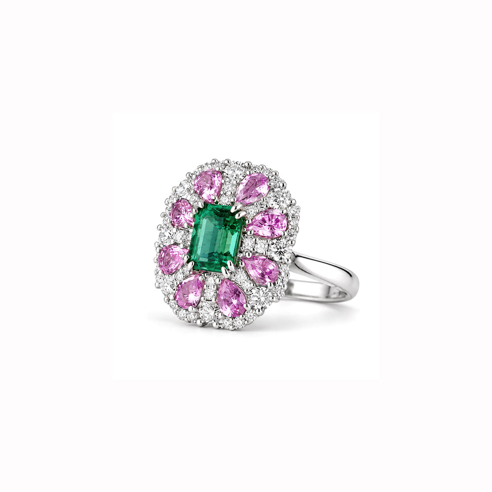 ANELLO IN ORO BIANCO 18 CARATI,DIAMANTI,SMERALDO E ZAFFIRI