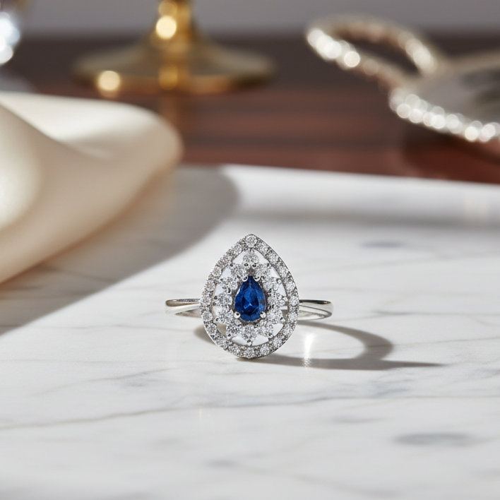 ANELLO GOCCIA IN ORO BIANCO 18KT CON DIAMANTI E ZAFFIRO