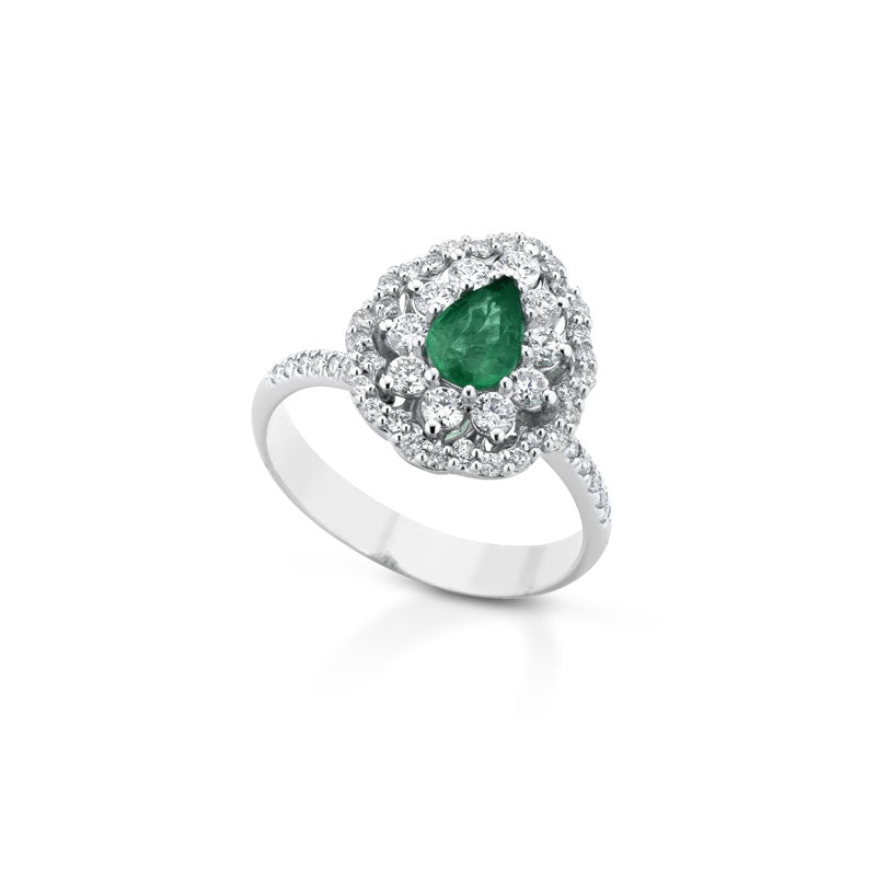 18KT WHITE GOLD DROP RING WITH DIAMONDS AND EMERALD
