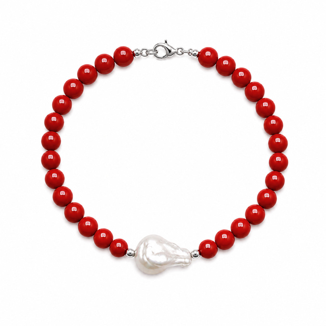 BRACCIALE PASTA DI CORALLO ROSSO E PERLA BAROCCA IN ARGENTO