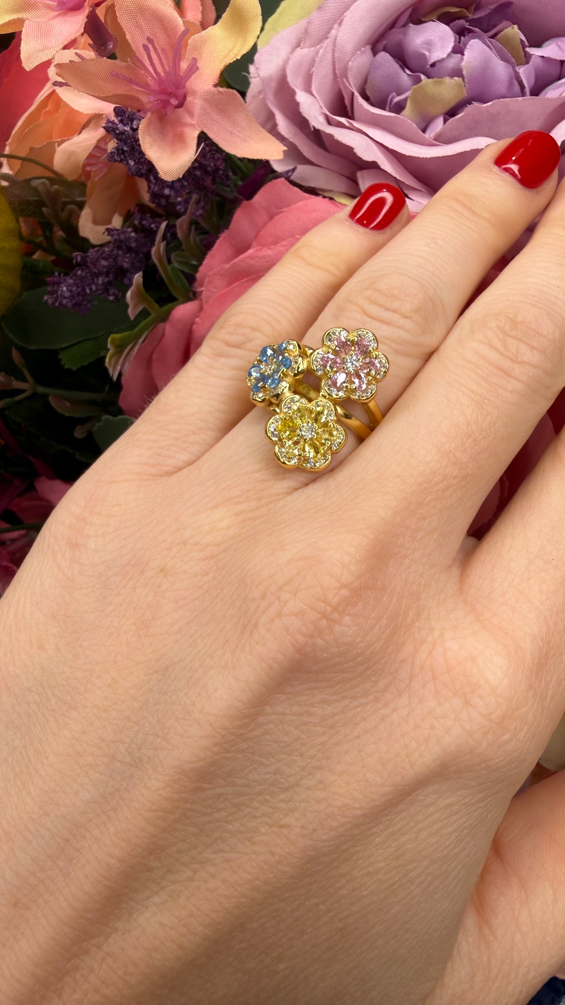 ANELLO FIORI MULTICOLOR IN ARGENTO 925 DORATO