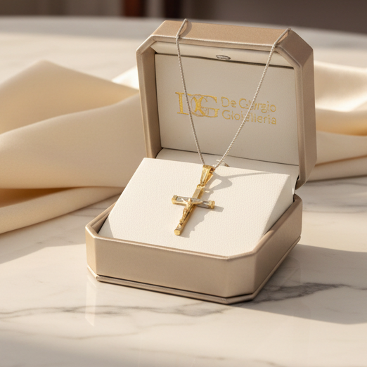 Ciondolo crocifisso bicolore in oro giallo e bianco 18KT (750) – Made in Italy