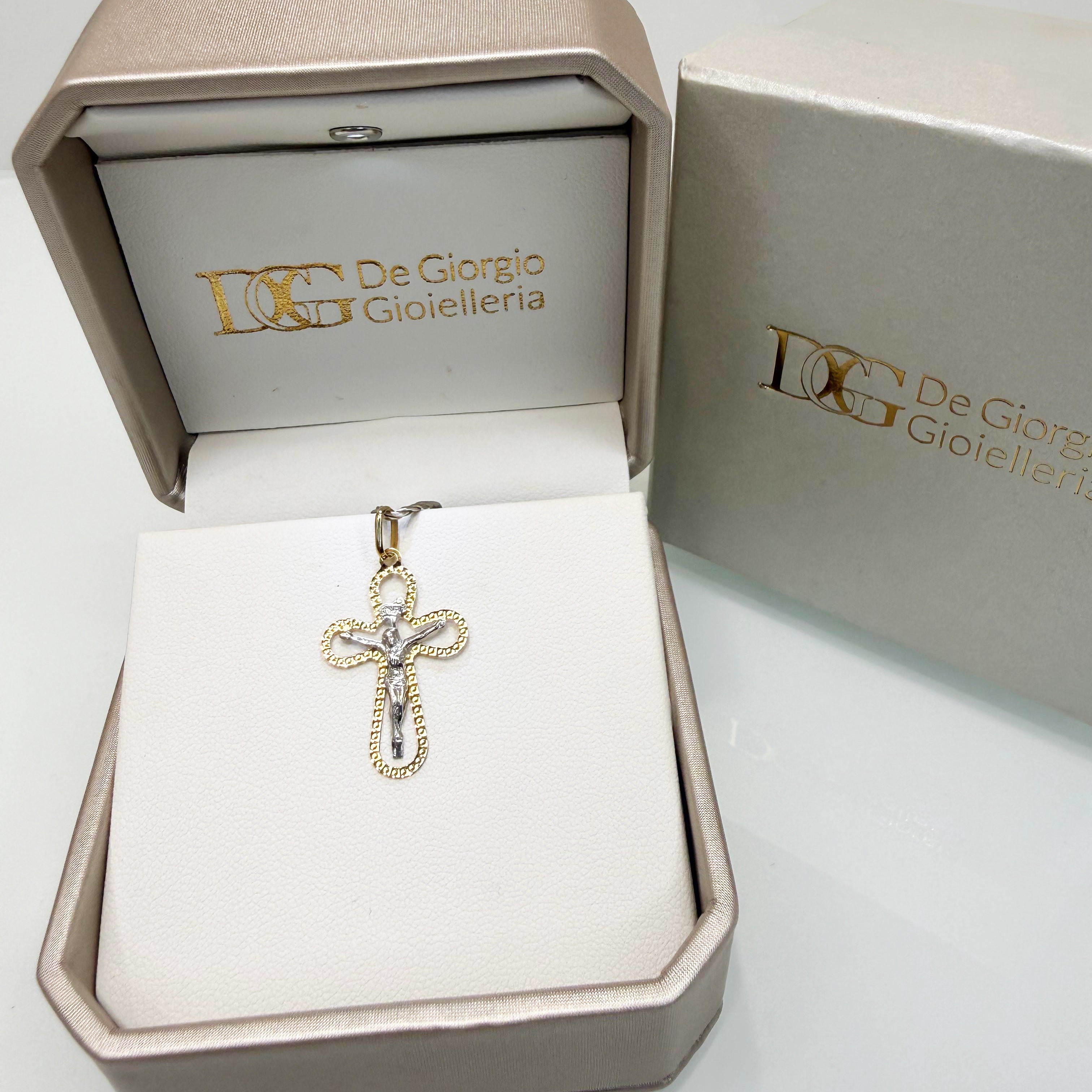 Ciondolo crocifisso bicolore in oro giallo e bianco 18KT (750) – Made in Italy