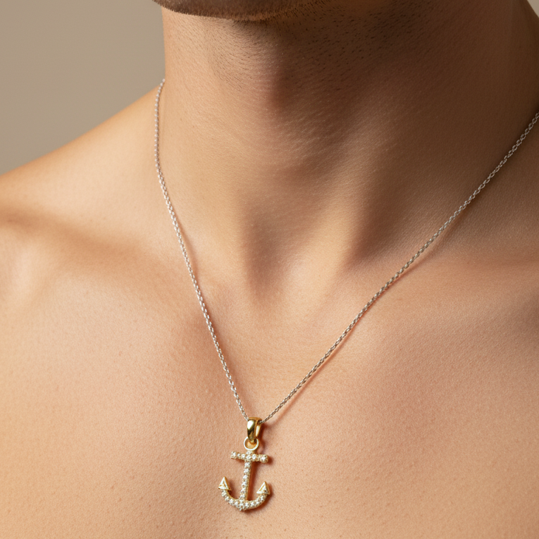 Ciondolo ancora con zirconi in oro giallo 18KT (750) – Made in Italy