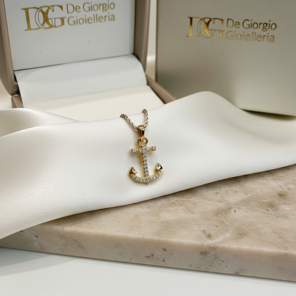 Ciondolo ancora con zirconi in oro giallo 18KT (750) – Made in Italy