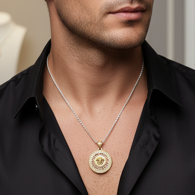 Ciondolo medaglia Medusa Versace con greca in oro giallo 18KT (750) – Made in Italy