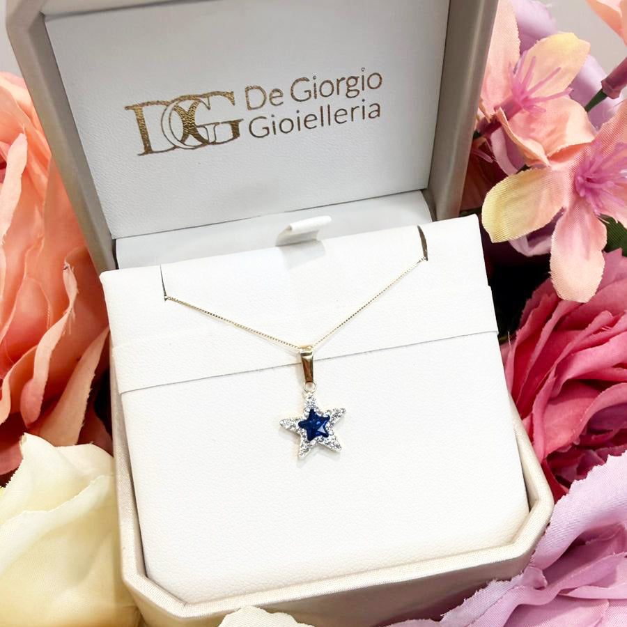 Ciondolo stella da donna con pietra blu e zirconi in oro giallo 18 Kt (750)