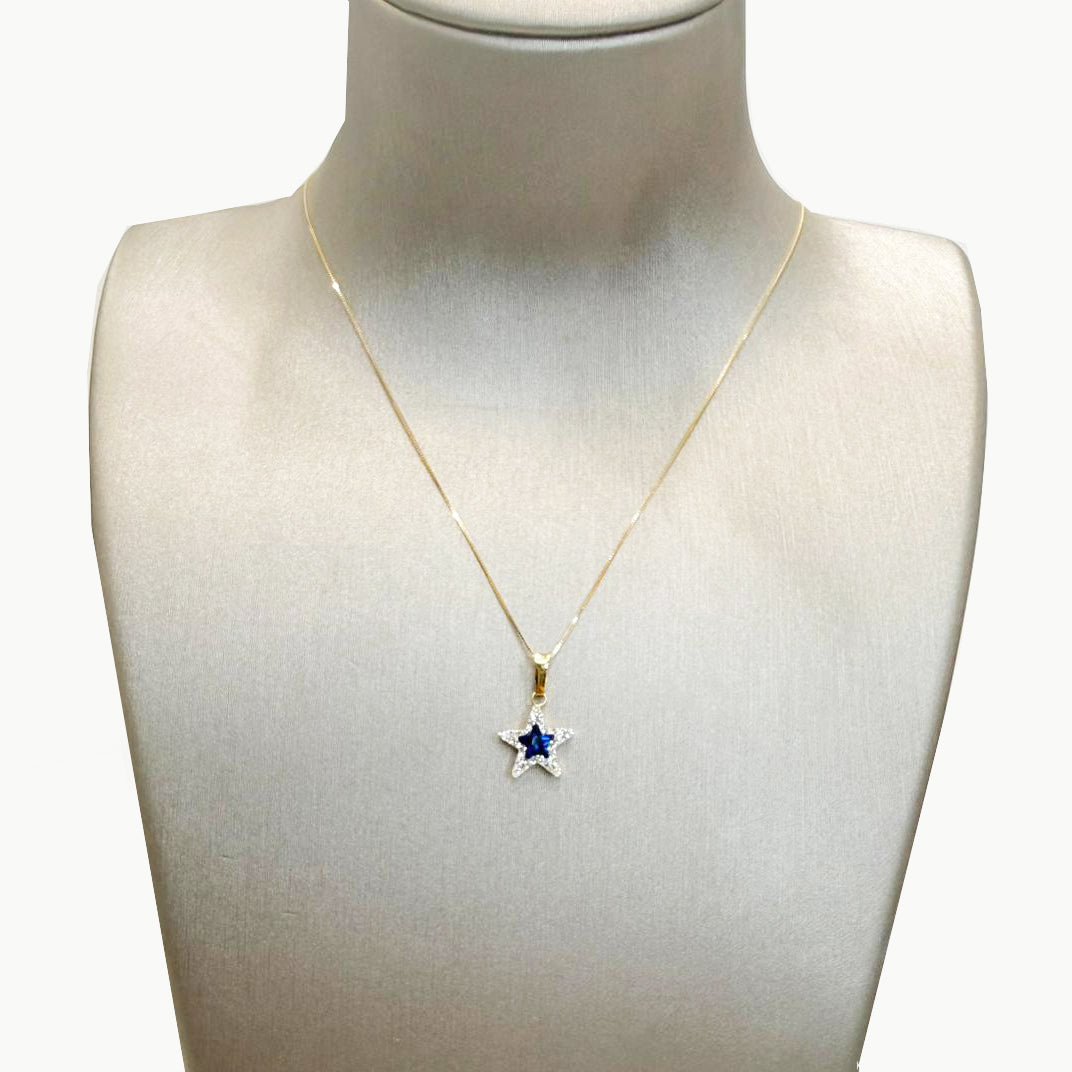 Ciondolo stella da donna con pietra blu e zirconi in oro giallo 18 Kt (750)