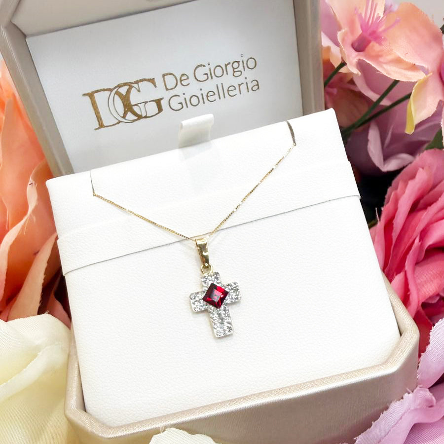 Ciondolo croce da donna con pietra rossa e zirconi in oro giallo 18 Kt (750)