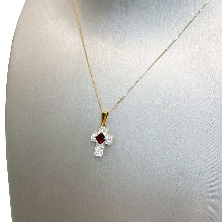 Ciondolo croce da donna con pietra rossa e zirconi in oro giallo 18 Kt (750)
