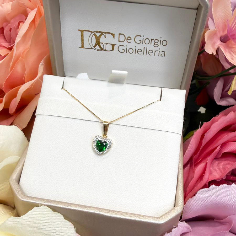 Ciondolo cuore da donna con pietra verde e zirconi in oro giallo 18 Kt (750)