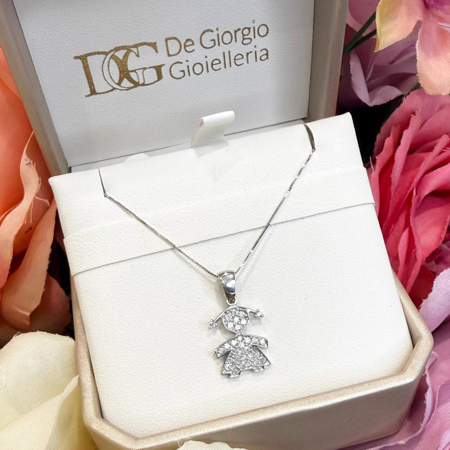 Ciondolo bimba da donna con zirconi in oro bianco 18 Kt (750)