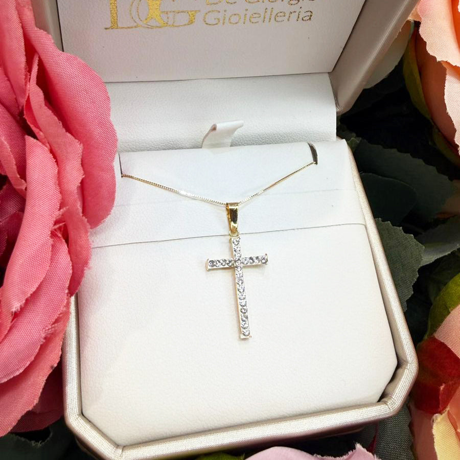 Collana croce con zirconi in oro giallo e bianco 18 KT (750)