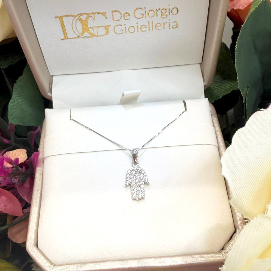 Collana Mano di Fatima con Zirconi in Oro Bianco 18KT (750)