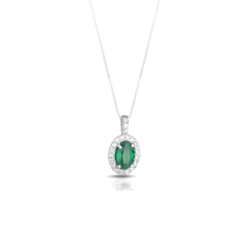 COLLANA IN ORO BIANCO 18KT CON DIAMANTI E SMERALDO