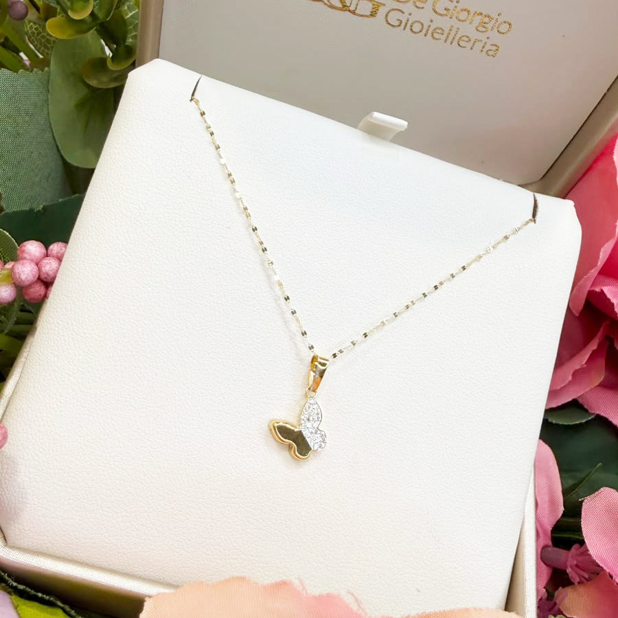 Collana con Farfalla e Zirconi in Oro Giallo 18 KT (750)