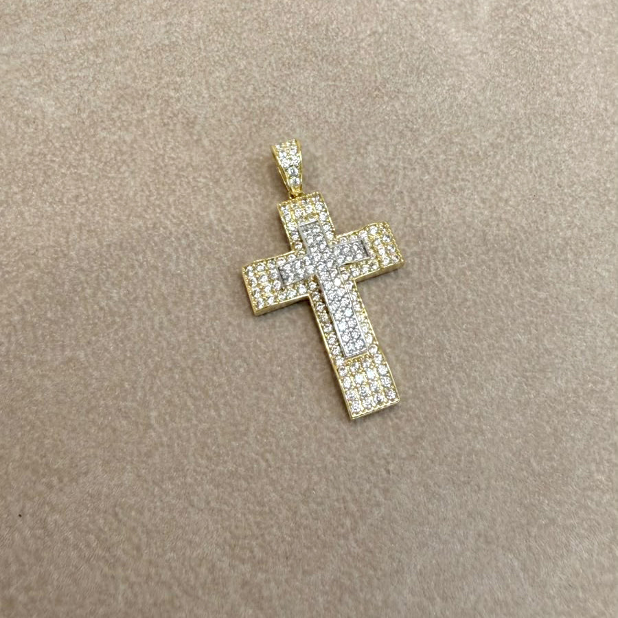 CIONDOLO CROCE IN ORO GIALLO E BIANCO 18 KT (750) CON ZIRCONI