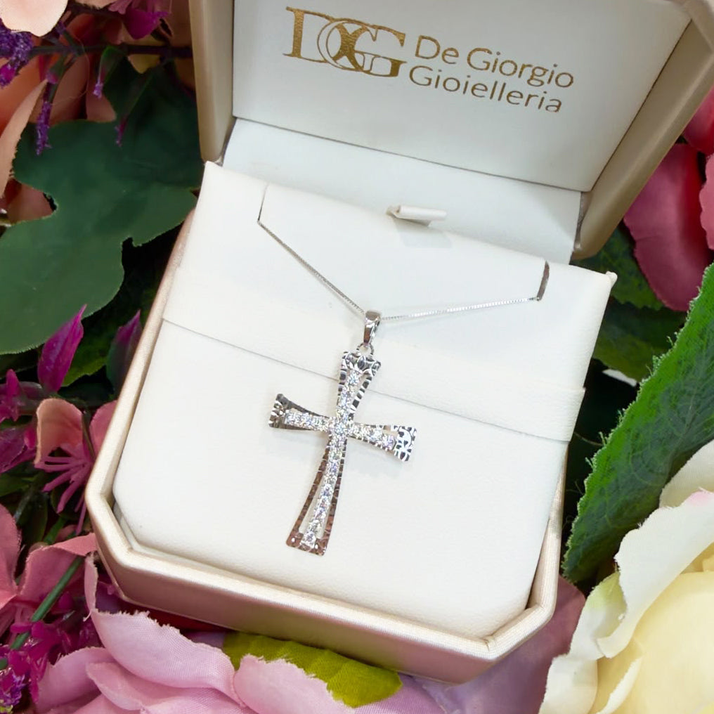 COLLANA CON CROCE IN ORO BIANCO 18 KT (750) E ZIRCONI