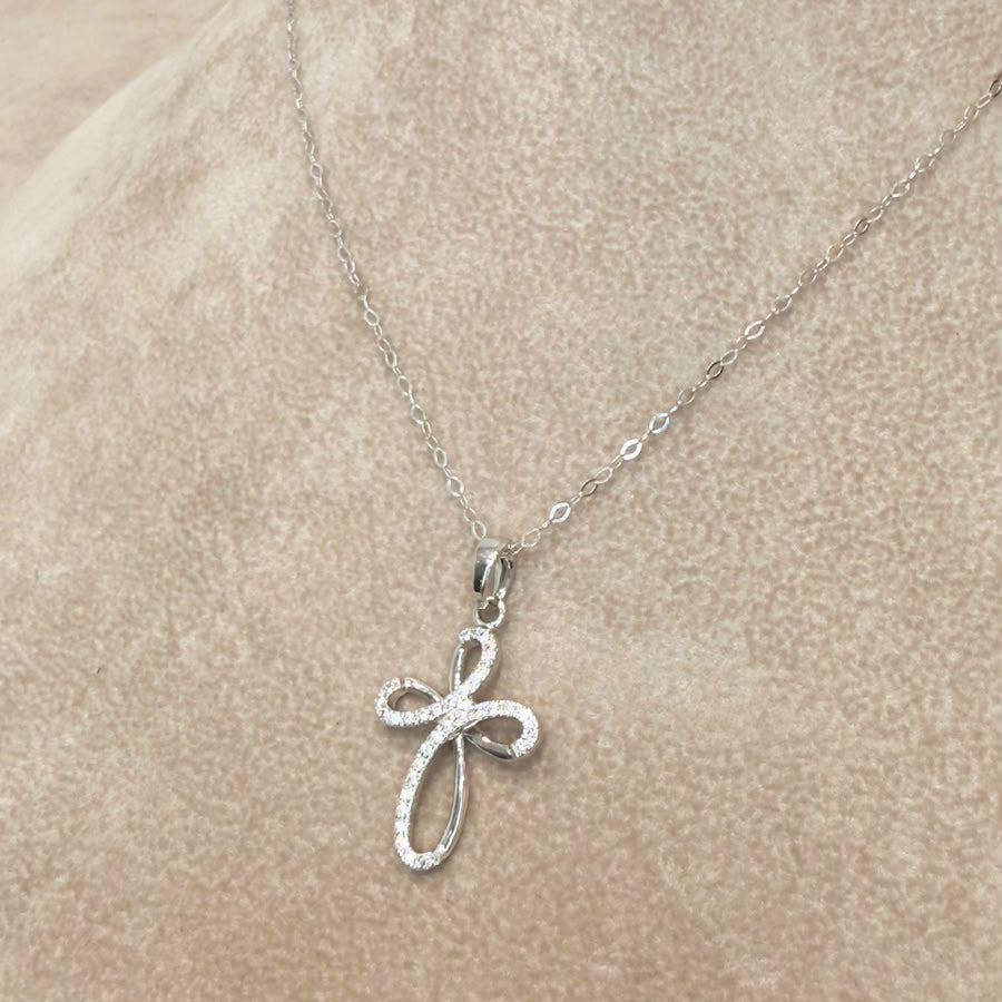 COLLANA CON CROCE IN ORO BIANCO 18 KT (750) E ZIRCONI