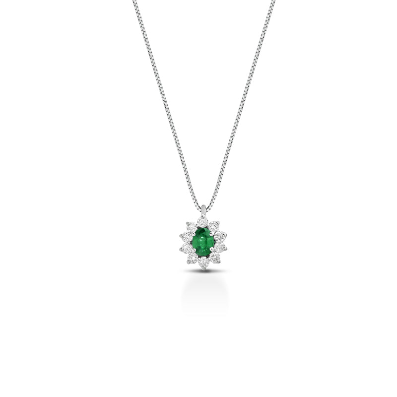COLLANA IN ORO BIANCO 18KT CON DIAMANTI E SMERALDO