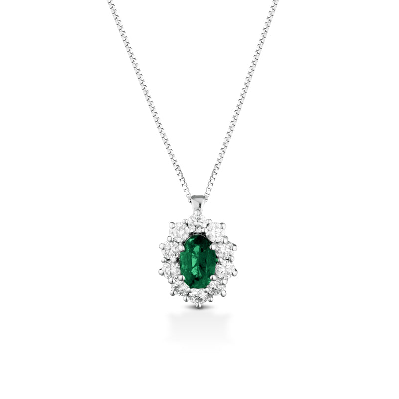 COLLANA IN ORO BIANCO 18KT CON DIAMANTI E SMERALDO