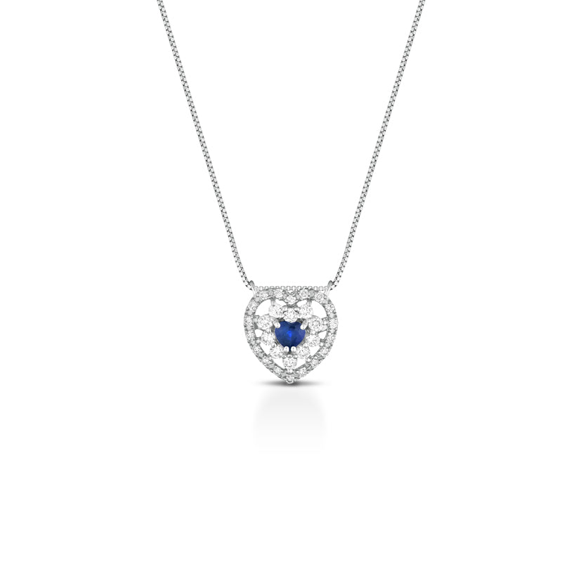 COLLANA CON CUORE IN ORO BIANCO 18KT CON DIAMANTI E ZAFFIRO