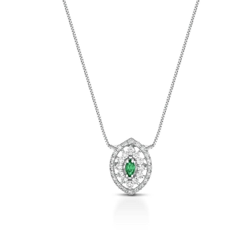 CIONDOLO IN ORO BIANCO 18KT CON DIAMANTI E SMERALDI