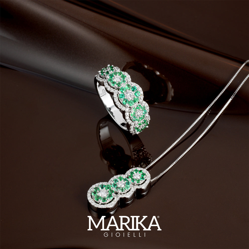 18KT WHITE GOLD TRILOGY NECKLACE WITH DIAMONDS AND EMERALDS